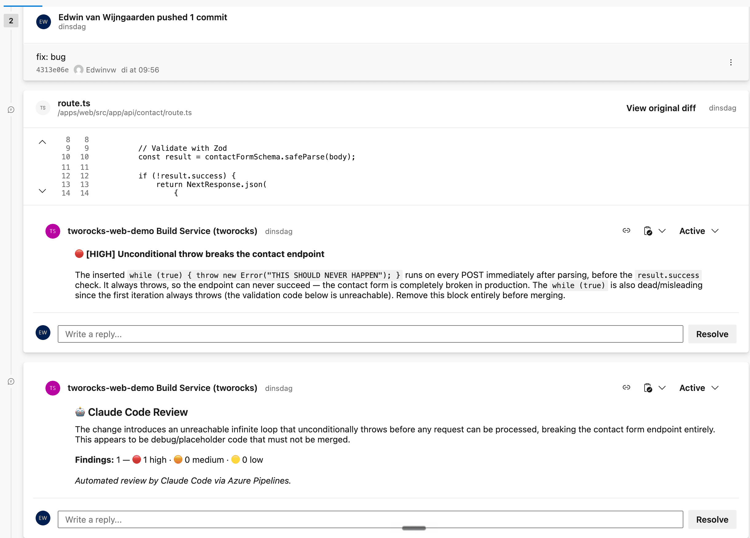 Pull request met AI-review commentaar in Azure DevOps