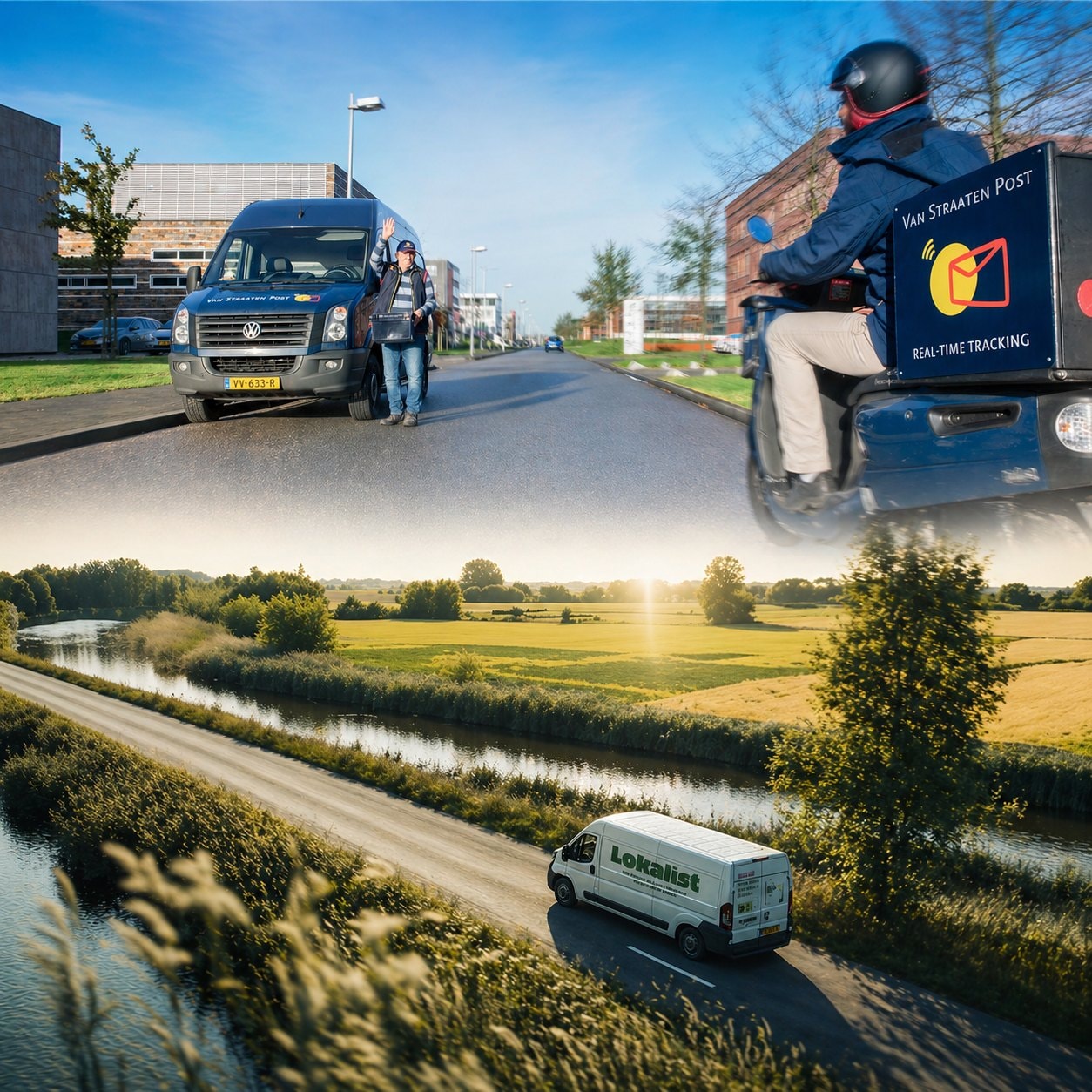 Boven een bus en scooter van Van Straaten Post, onder een bestelbus van Lokalist op een landweg