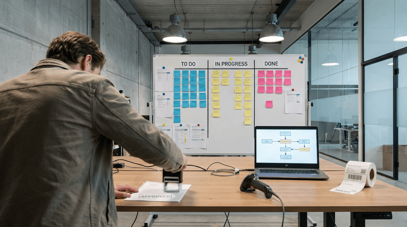 Een inspecteur zet een goedkeuringsstempel, met een planbord en laptop op de achtergrond