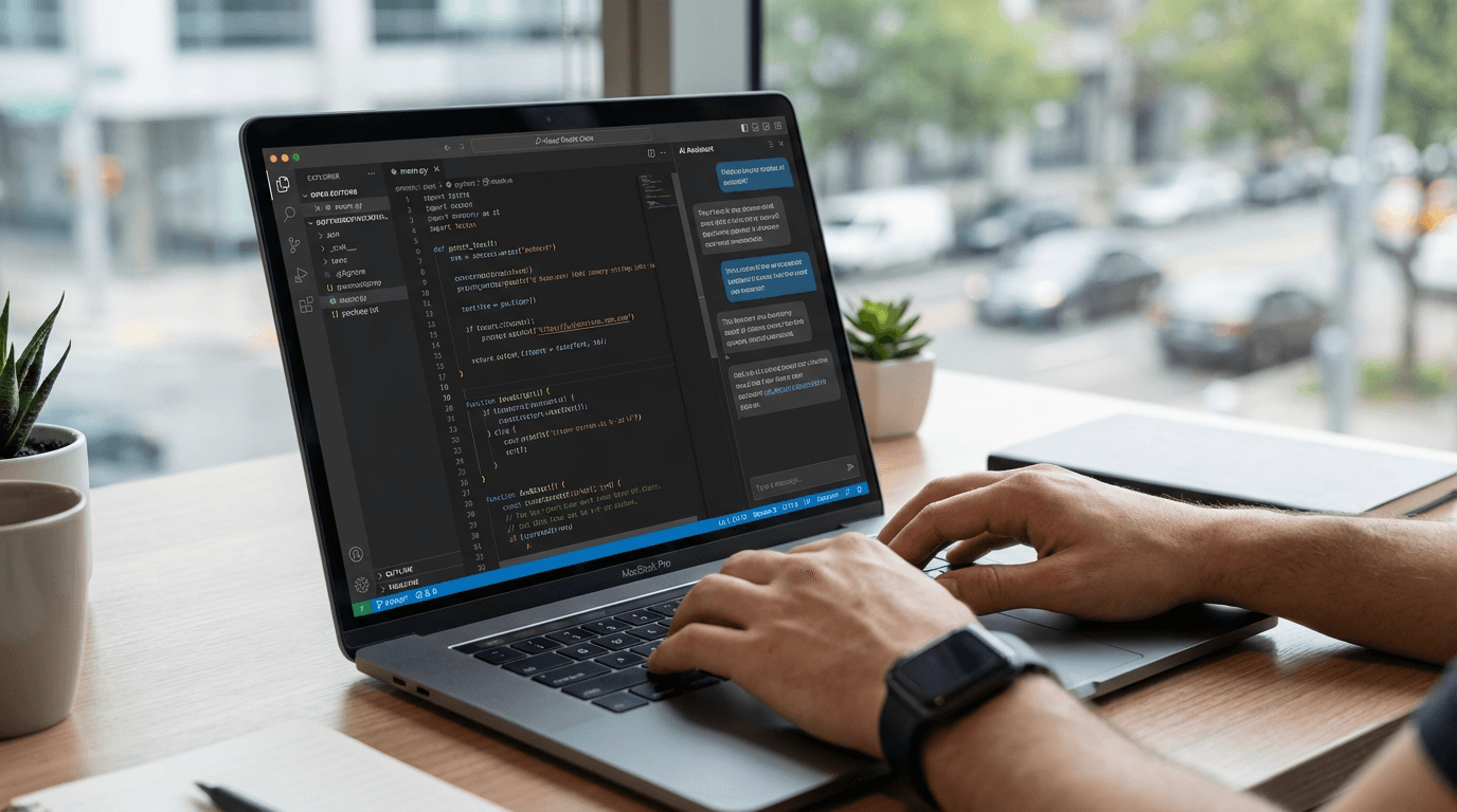 Een laptop met code en een AI-assistent die meedenkt