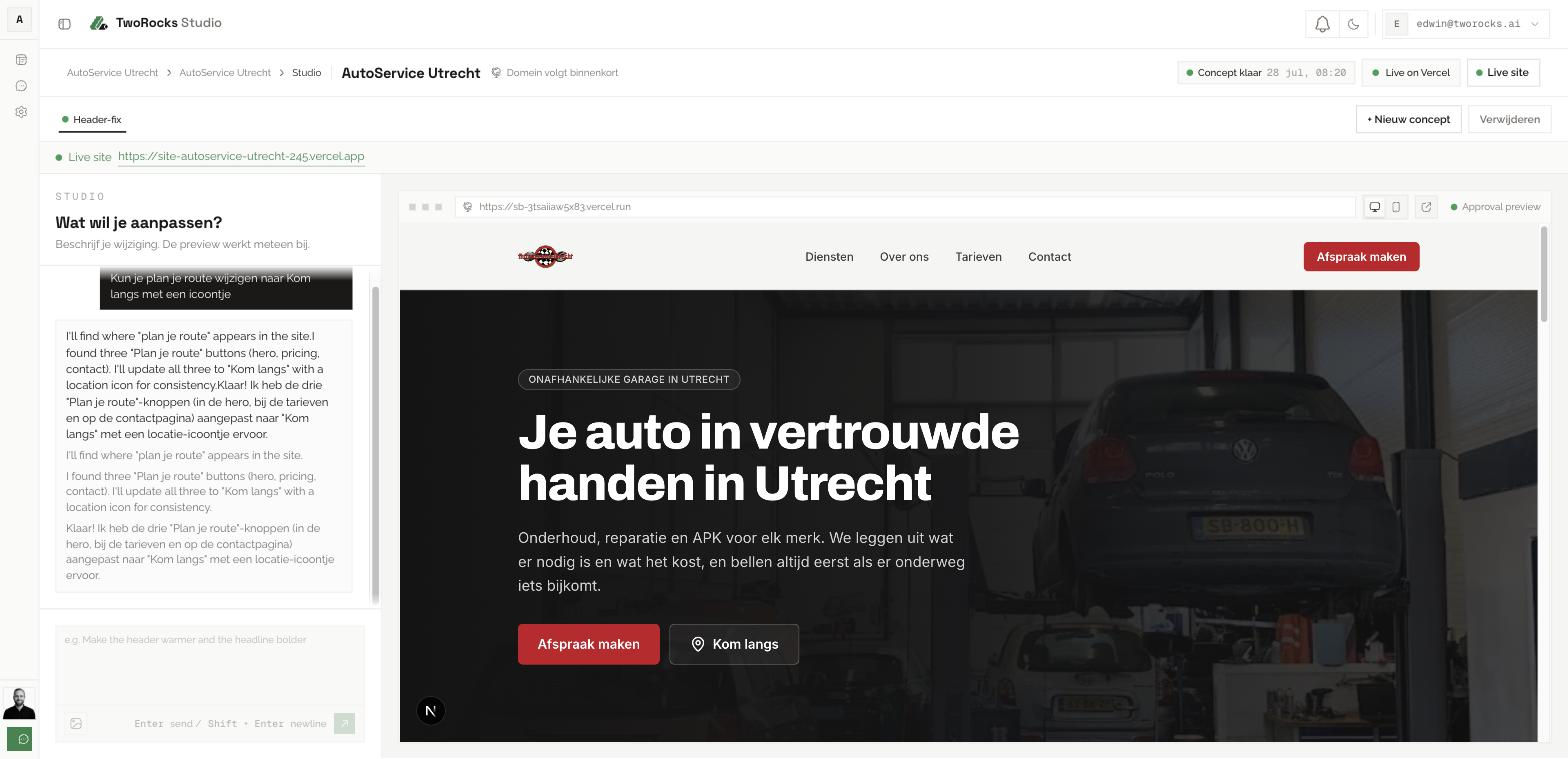 Two Rocks Studio canvas met chat en live preview